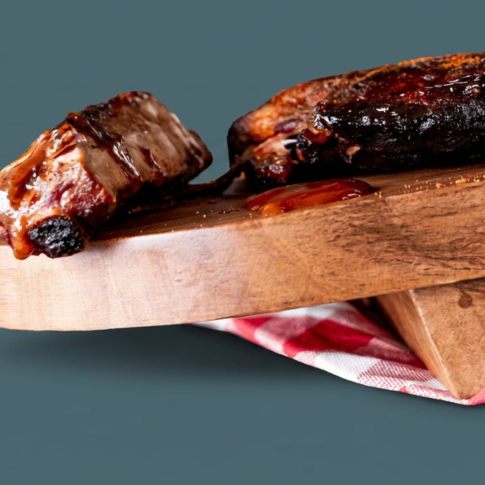 Glazed grilled ribs and sliced barbecued meat rest on a wooden serving board over a red-and-white checkered cloth.