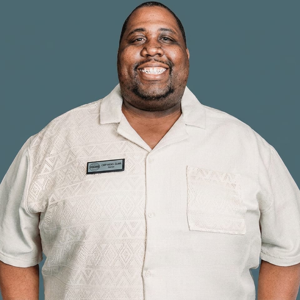 Smiling restaurant staff member wearing a cream patterned shirt and name badge against a teal studio background.