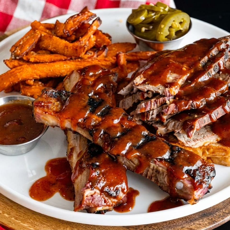 Barbecue platter with sauced ribs, grilled meat, sweet potato fries, barbecue sauce, and sliced pickles on a white plate.