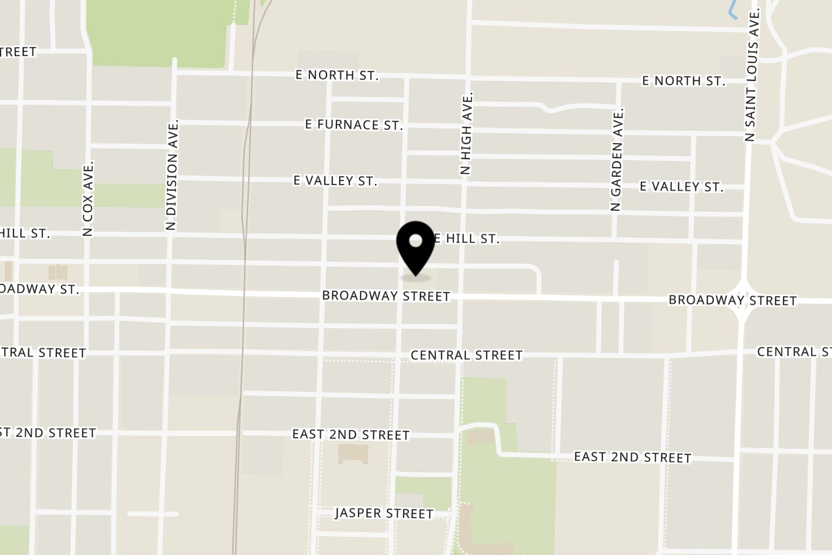 Map showing the location of Mr. Clark's BBQ & Catering on 1203 E Broadway St in Joplin